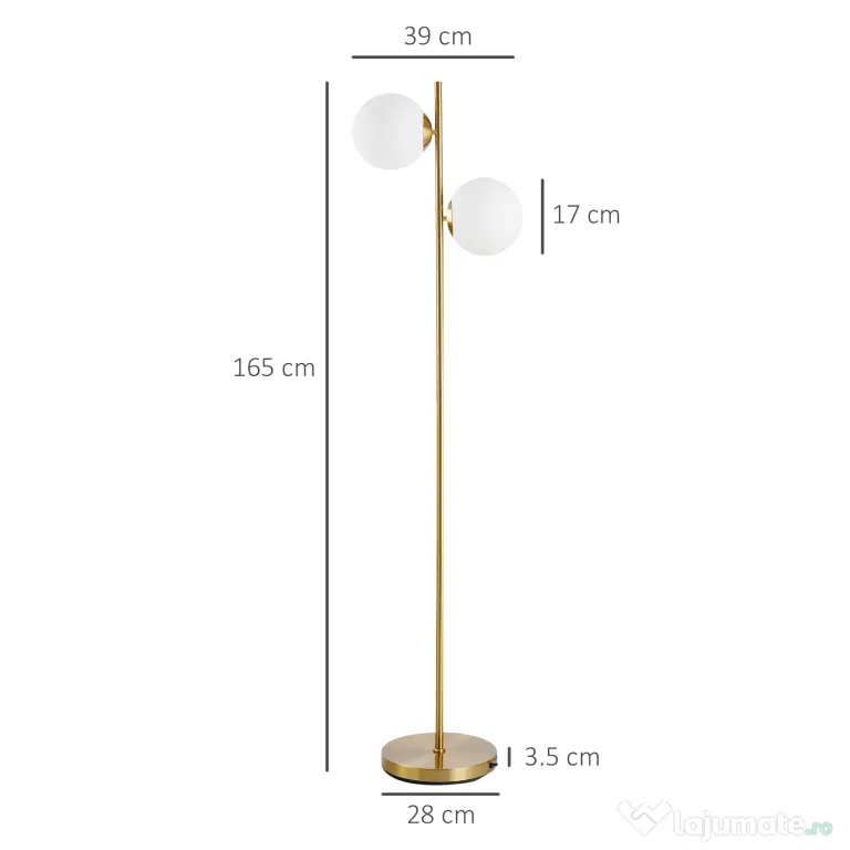 HOMCOM Lampă de Podea cu 2 Lumini și Abajururi Sferice, Comutator de Picior și Soclu E27, Ø28x165 cm, Aur