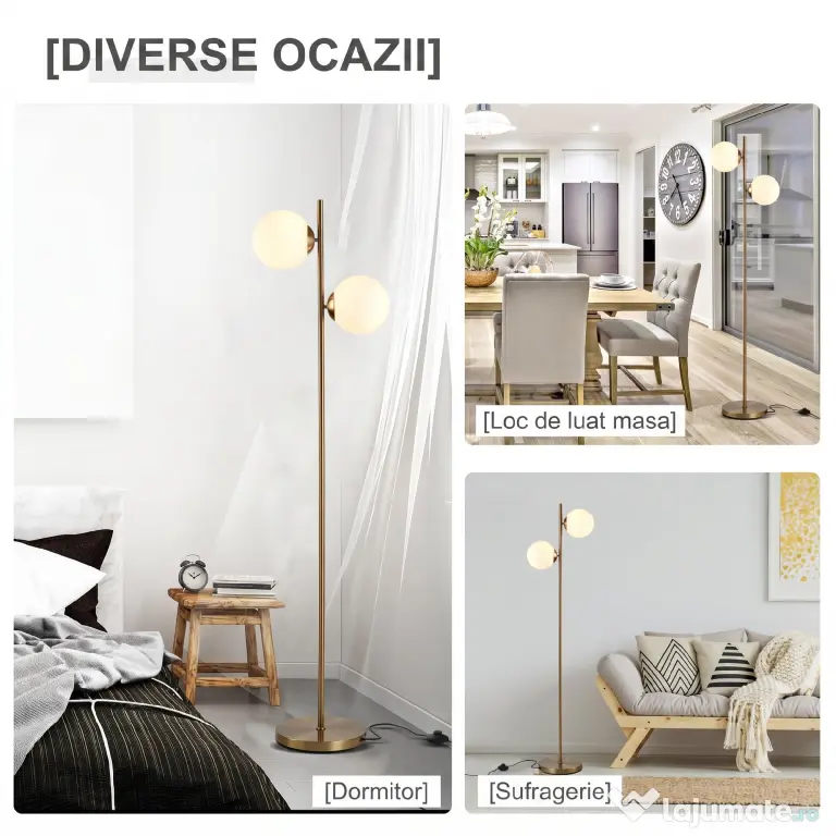 HOMCOM Lampă de Podea cu 2 Lumini și Abajururi Sferice, Comutator de Picior și Soclu E27, Ø28x165 cm, Aur