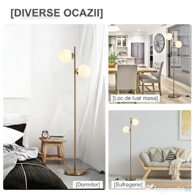 HOMCOM Lampă de Podea cu 2 Lumini și Abajururi Sferice, Comutator de Picior și Soclu E27, Ø28x165 cm, Aur