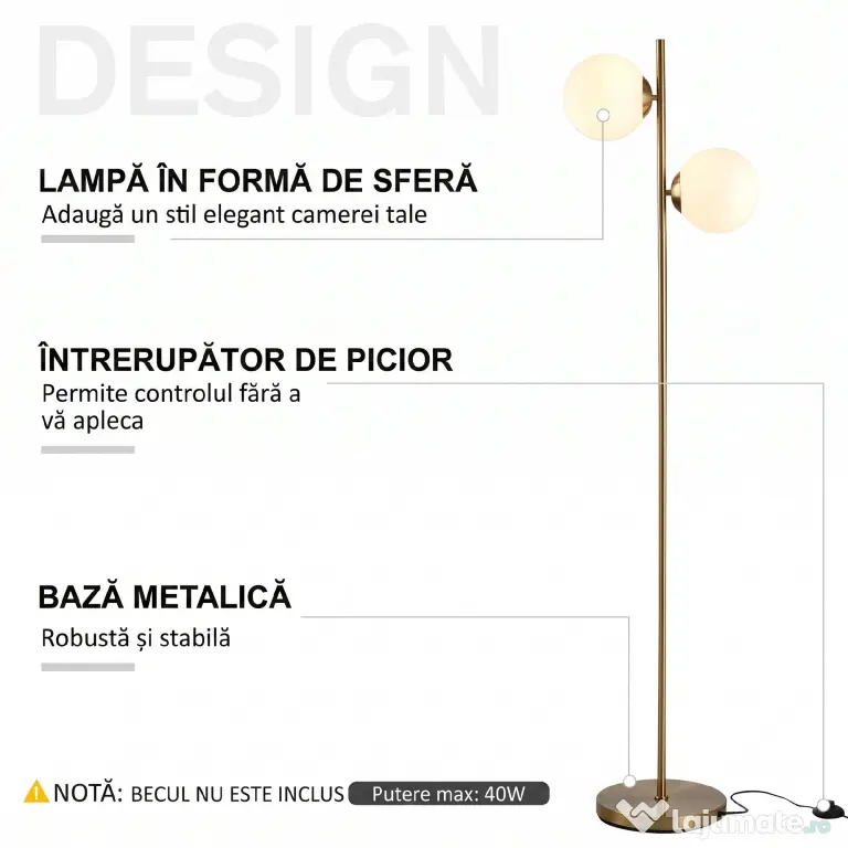 HOMCOM Lampă de Podea cu 2 Lumini și Abajururi Sferice, Comutator de Picior și Soclu E27, Ø28x165 cm, Aur