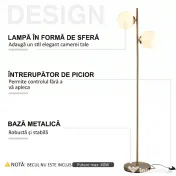 HOMCOM Lampă de Podea cu 2 Lumini și Abajururi Sferice, Comutator de Picior și Soclu E27, Ø28x165 cm, Aur 