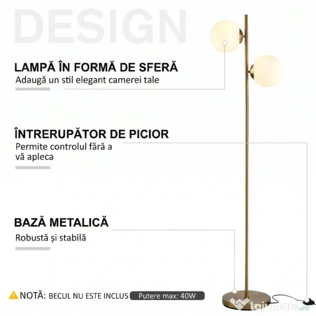 HOMCOM Lampă de Podea cu 2 Lumini și Abajururi Sferice, Comutator de Picior și Soclu E27, Ø28x165 cm, Aur