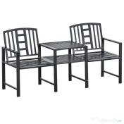 Outsunny Set 2 Scaune cu Masuta de cafea si gaura pentru Umbrela in metal, Negru 