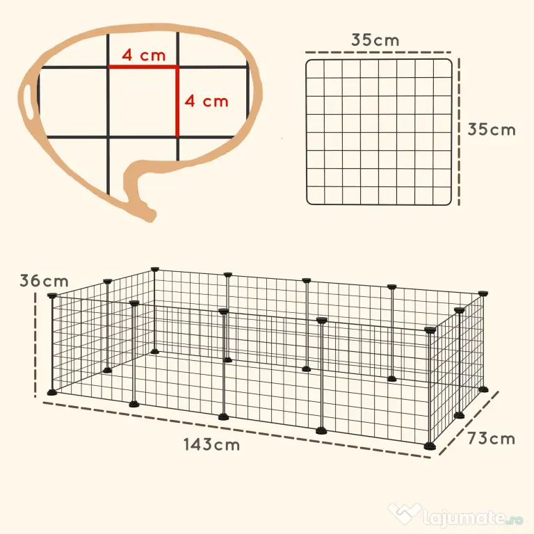 Pawhut tarc Modular Animale – 12 Panouri, 35×35 cm, Negru