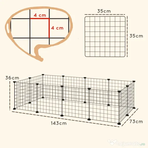 Pawhut tarc Modular Animale – 12 Panouri, 35×35 cm, Negru