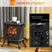 HOMCOM Șemineu Electric de Podea cu 2 Nivele de Putere 750/1500 W, Efect de Flacără, Areal de Acoperire 15-20 m², Negru 