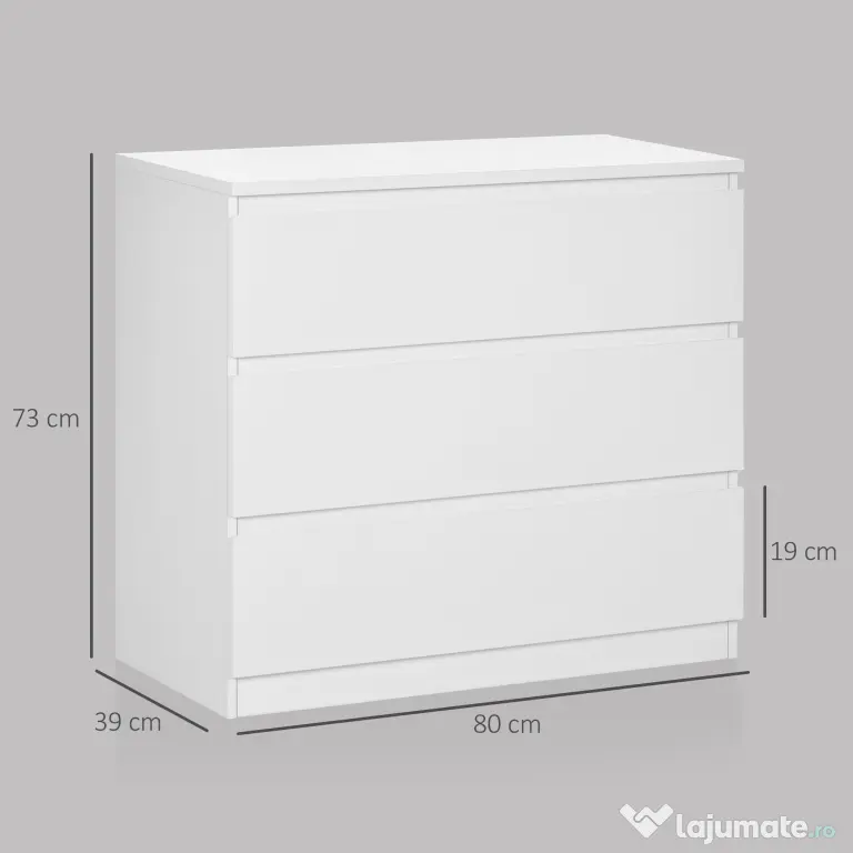 HOMCOM, Comodă cu 3 Sertare Modernă, pentru dormitor și living, PAL, 80x39x73 cm, Albă