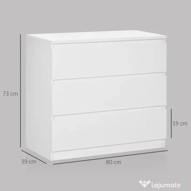 HOMCOM, Comodă cu 3 Sertare Modernă, pentru dormitor și living, PAL, 80x39x73 cm, Albă