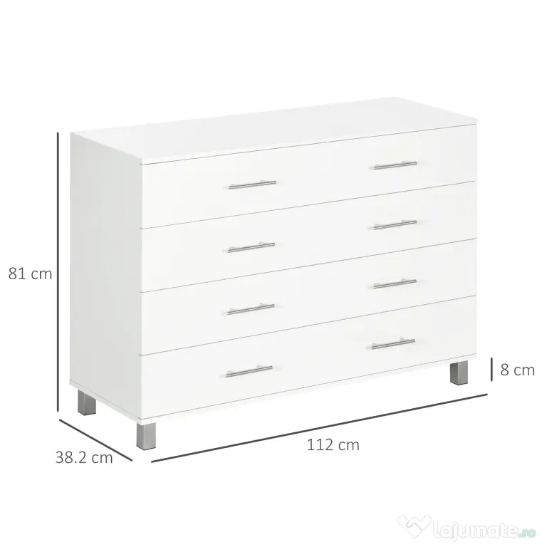 HOMCOM Comodă cu 4 sertare pentru dormitor, din lemn, cu mânere din metal, albă