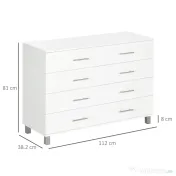 HOMCOM Comodă cu 4 sertare pentru dormitor, din lemn, cu mânere din metal, albă 