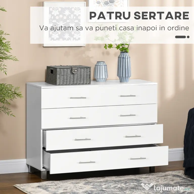HOMCOM Comodă cu 4 sertare pentru dormitor, din lemn, cu mânere din metal, albă