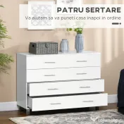 HOMCOM Comodă cu 4 sertare pentru dormitor, din lemn, cu mânere din metal, albă 