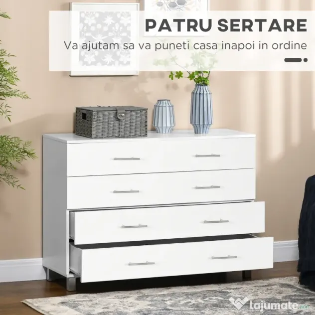 HOMCOM Comodă cu 4 sertare pentru dormitor, din lemn, cu mânere din metal, albă