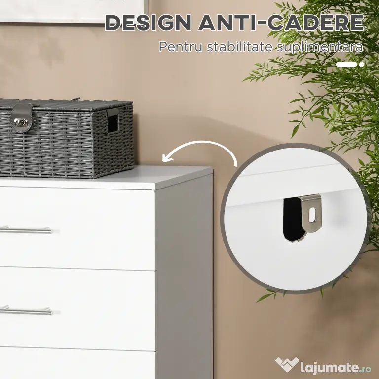 HOMCOM Comodă cu 4 sertare pentru dormitor, din lemn, cu mânere din metal, albă