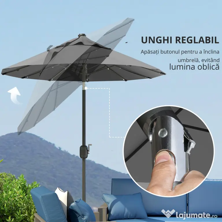 Outsunny Umbrelă dublă cu bază în formă de cruce și lumini solare, 295x150x219cm, gri