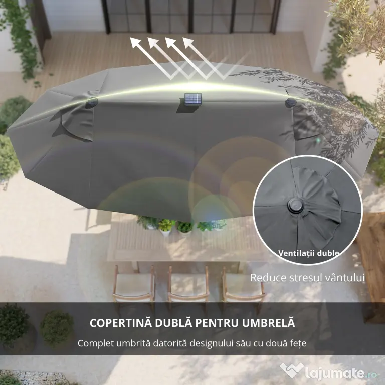 Outsunny Umbrelă dublă cu bază în formă de cruce și lumini solare, 295x150x219cm, gri