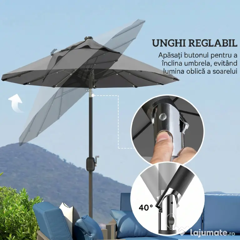 Outsunny Umbrelă dublă cu bază în formă de cruce și lumini solare, 295x150x219cm, gri