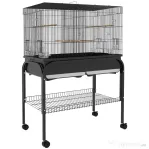 PawHut Colivie pentru Păsări de Interior cu Tăviță, Raft și Roți, Volieră din Oțel pentru Perusi, Canari, Nimfe și Papagali, Negru, 85 x 49 x 119 cm