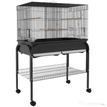 PawHut Colivie pentru Păsări de Interior cu Tăviță, Raft și Roți, Volieră din Oțel pentru Perusi, Canari, Nimfe și Papagali, Negru, 85 x 49 x 119 cm