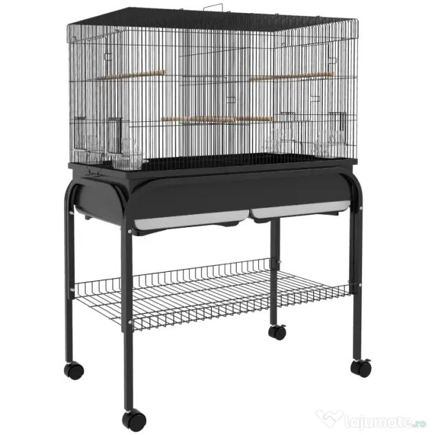 PawHut Colivie pentru Păsări de Interior cu Tăviță, Raft și Roți, Volieră din Oțel pentru Perusi, Canari, Nimfe și Papagali, Negru, 85 x 49 x 119 cm