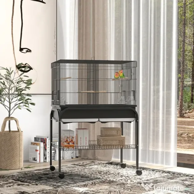 PawHut Colivie pentru Păsări de Interior cu Tăviță, Raft și Roți, Volieră din Oțel pentru Perusi, Canari, Nimfe și Papagali, Negru, 85 x 49 x 119 cm