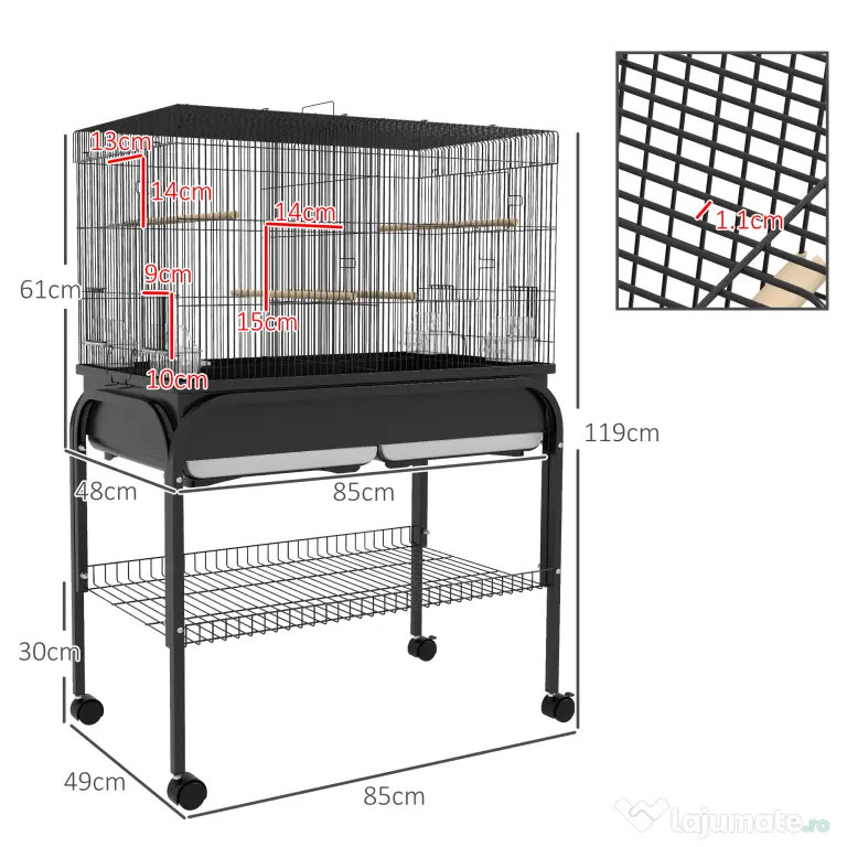 PawHut Colivie pentru Păsări de Interior cu Tăviță, Raft și Roți, Volieră din Oțel pentru Perusi, Canari, Nimfe și Papagali, Negru, 85 x 49 x 119 cm