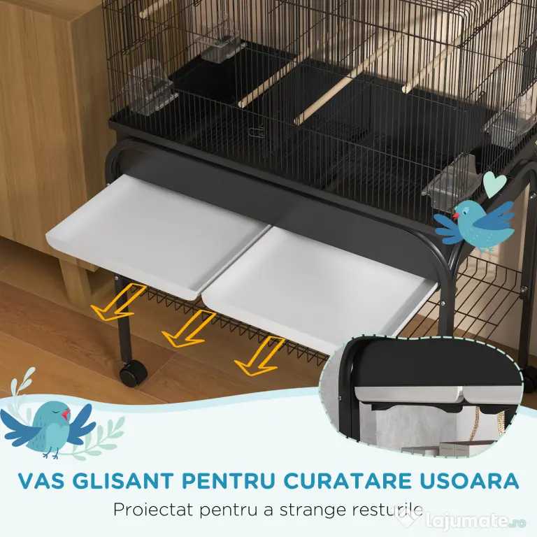 PawHut Colivie pentru Păsări de Interior cu Tăviță, Raft și Roți, Volieră din Oțel pentru Perusi, Canari, Nimfe și Papagali, Negru, 85 x 49 x 119 cm
