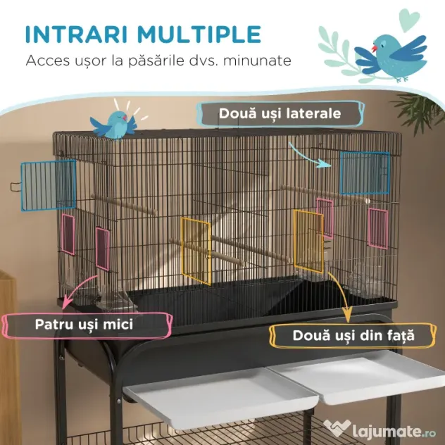 PawHut Colivie pentru Păsări de Interior cu Tăviță, Raft și Roți, Volieră din Oțel pentru Perusi, Canari, Nimfe și Papagali, Negru, 85 x 49 x 119 cm