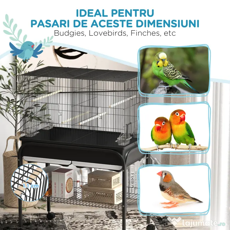 PawHut Colivie pentru Păsări de Interior cu Tăviță, Raft și Roți, Volieră din Oțel pentru Perusi, Canari, Nimfe și Papagali, Negru, 85 x 49 x 119 cm