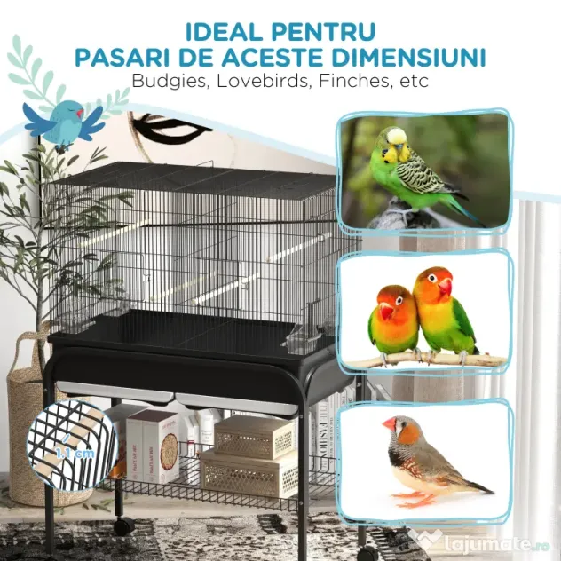 PawHut Colivie pentru Păsări de Interior cu Tăviță, Raft și Roți, Volieră din Oțel pentru Perusi, Canari, Nimfe și Papagali, Negru, 85 x 49 x 119 cm