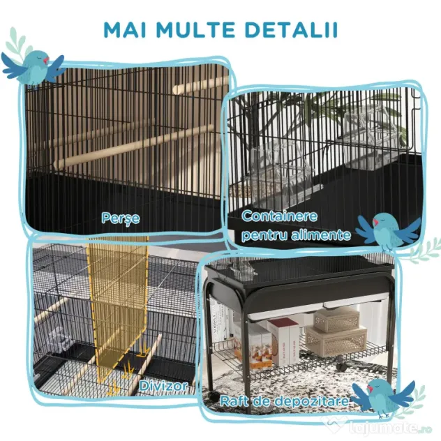PawHut Colivie pentru Păsări de Interior cu Tăviță, Raft și Roți, Volieră din Oțel pentru Perusi, Canari, Nimfe și Papagali, Negru, 85 x 49 x 119 cm