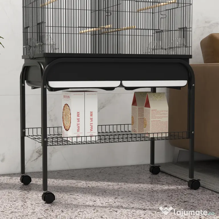PawHut Colivie pentru Păsări de Interior cu Tăviță, Raft și Roți, Volieră din Oțel pentru Perusi, Canari, Nimfe și Papagali, Negru, 85 x 49 x 119 cm