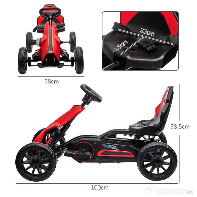 HOMCOM Kart mașină electrică pentru copii 12V, 3-8 ani, viteză 3-5 km/h și centură de siguranță, 100x58x58,5cm, roșu