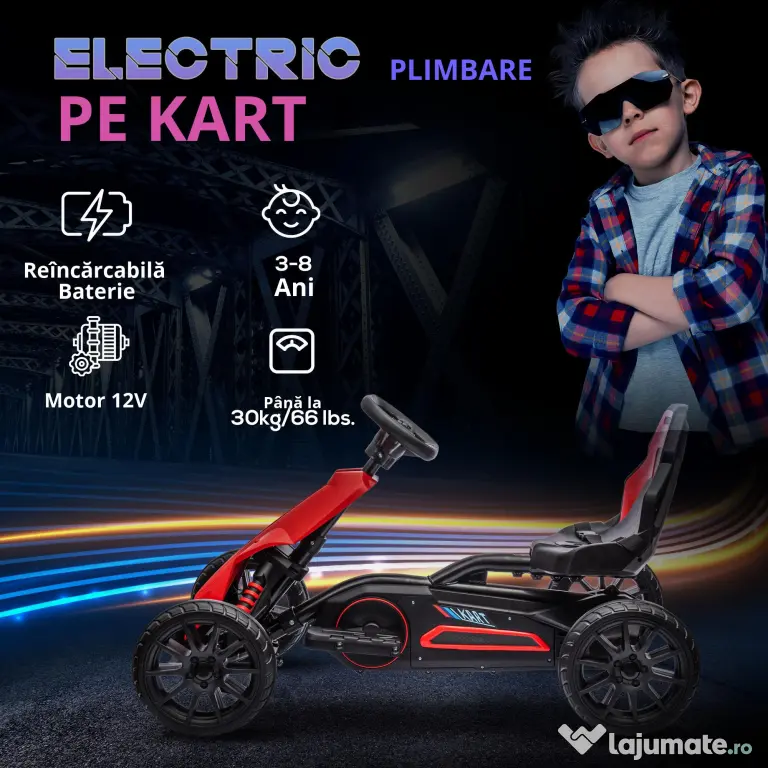 HOMCOM Kart mașină electrică pentru copii 12V, 3-8 ani, viteză 3-5 km/h și centură de siguranță, 100x58x58,5cm, roșu