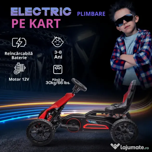 HOMCOM Kart mașină electrică pentru copii 12V, 3-8 ani, viteză 3-5 km/h și centură de siguranță, 100x58x58,5cm, roșu