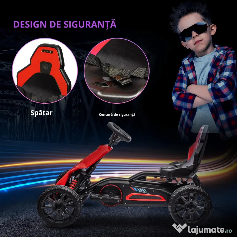 HOMCOM Kart mașină electrică pentru copii 12V, 3-8 ani, viteză 3-5 km/h și centură de siguranță, 100x58x58,5cm, roșu