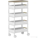HOMCOM Carucior de bucătărie cu 5 niveluri, 4 coșuri detașabile, din metal, PP și lemn, 39,5x24x82 cm, alb și stejar