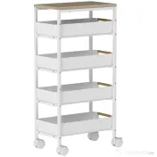 HOMCOM Carucior de bucătărie cu 5 niveluri, 4 coșuri detașabile, din metal, PP și lemn, 39,5x24x82 cm, alb și stejar 