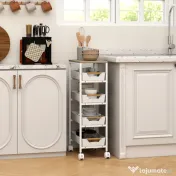HOMCOM Carucior de bucătărie cu 5 niveluri, 4 coșuri detașabile, din metal, PP și lemn, 39,5x24x82 cm, alb și stejar 