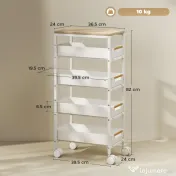HOMCOM Carucior de bucătărie cu 5 niveluri, 4 coșuri detașabile, din metal, PP și lemn, 39,5x24x82 cm, alb și stejar 