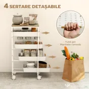 HOMCOM Carucior de bucătărie cu 5 niveluri, 4 coșuri detașabile, din metal, PP și lemn, 39,5x24x82 cm, alb și stejar 