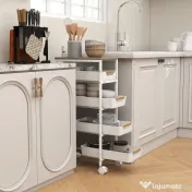 HOMCOM Carucior de bucătărie cu 5 niveluri, 4 coșuri detașabile, din metal, PP și lemn, 39,5x24x82 cm, alb și stejar 