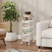 HOMCOM Carucior de bucătărie cu 5 niveluri, 4 coșuri detașabile, din metal, PP și lemn, 39,5x24x82 cm, alb și stejar 