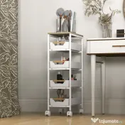 HOMCOM Carucior de bucătărie cu 5 niveluri, 4 coșuri detașabile, din metal, PP și lemn, 39,5x24x82 cm, alb și stejar 