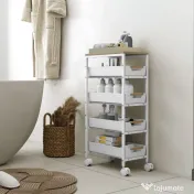 HOMCOM Carucior de bucătărie cu 5 niveluri, 4 coșuri detașabile, din metal, PP și lemn, 39,5x24x82 cm, alb și stejar 