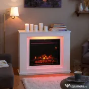 HOMCOM Șemineu Electric cu Flacără în 12 Culori și 5 Niveluri de Luminozitate, cu Telecomandă și Timer, 98x25x80 cm, Alb și Negru