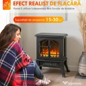 HOMCOM Șemineu Electric de Podea, Flacără 3D, Termostat 10-35°C, Plastic, Sticlă, 39x24x48 cm, Negru 