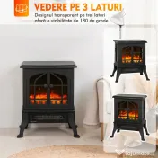 HOMCOM Șemineu Electric de Podea, Flacără 3D, Termostat 10-35°C, Plastic, Sticlă, 39x24x48 cm, Negru 