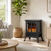 HOMCOM Șemineu Electric de Podea, Flacără 3D, Termostat 10-35°C, Plastic, Sticlă, 39x24x48 cm, Negru 