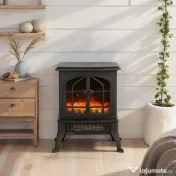 HOMCOM Șemineu Electric de Podea, Flacără 3D, Termostat 10-35°C, Plastic, Sticlă, 39x24x48 cm, Negru 